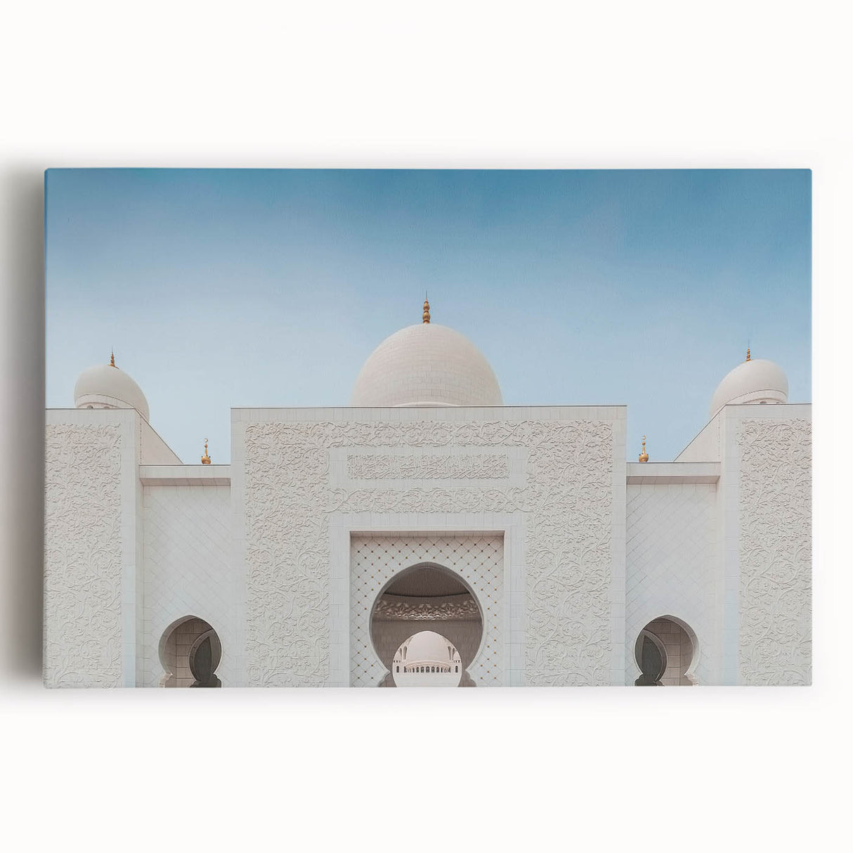 Black and white stretched canvas of Abu Dhabi skyline, ideal for kitchen wall art.