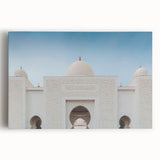 Black and white stretched canvas of Abu Dhabi skyline, ideal for kitchen wall art.