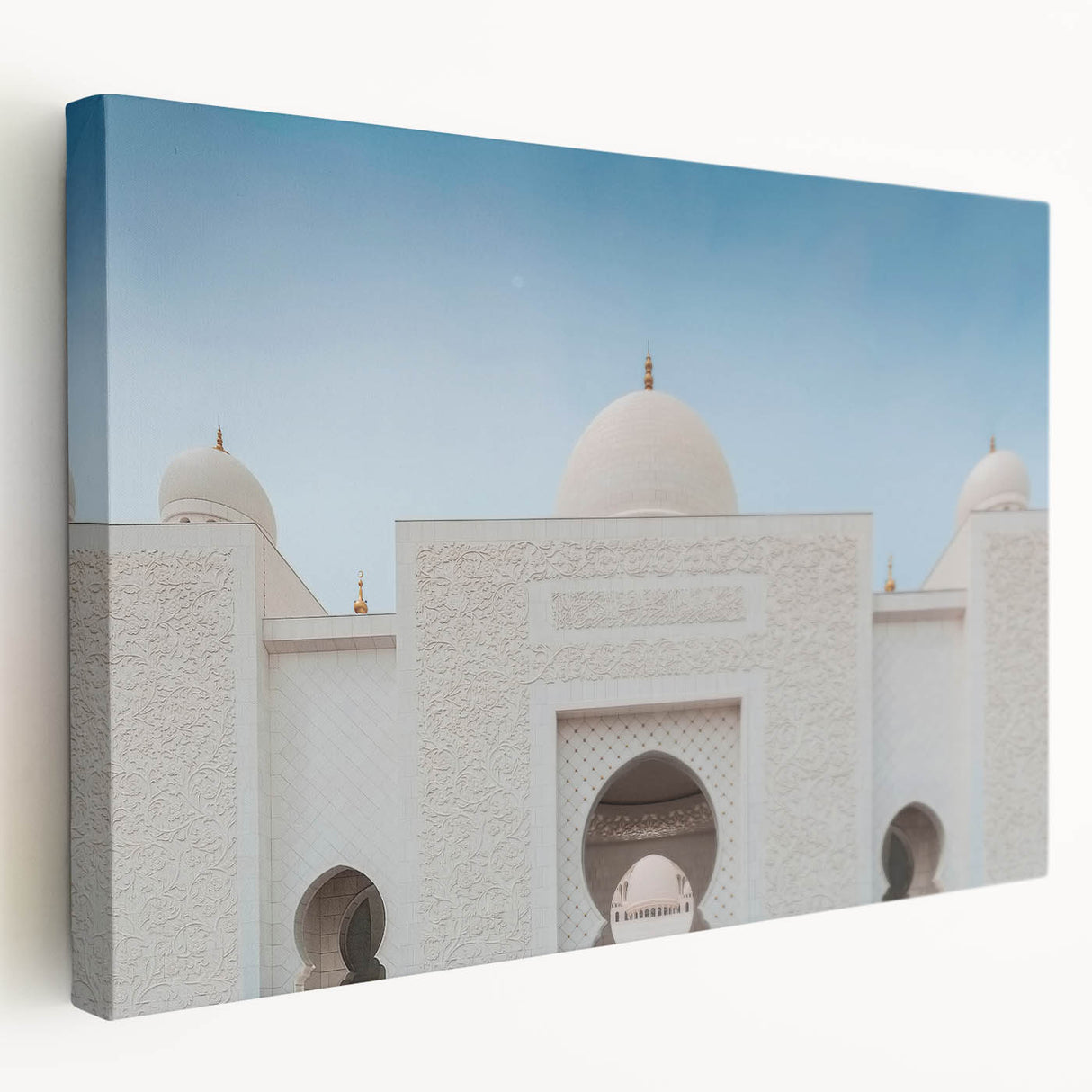 Large stretched canvas featuring a detailed Abu Dhabi cityscape in muted earth tones, suitable as kitchen wall art.