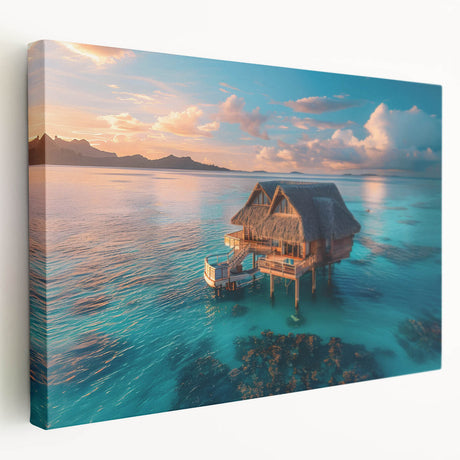 Large art depicting the serene Bora Bora seascape on stretched canvas, in vibrant blue and green hues.