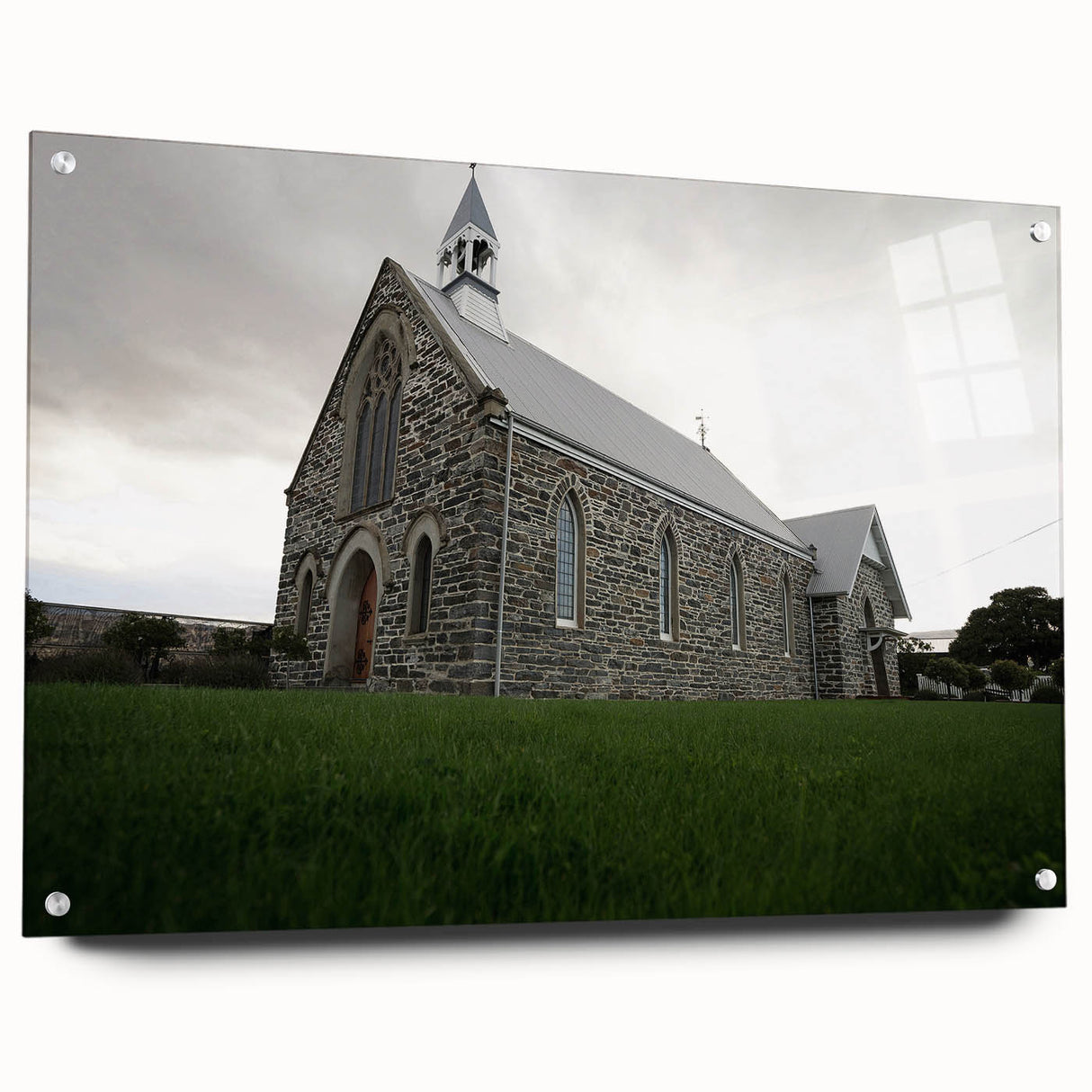 Acrylic print of a large abstract depiction of Otago, New Zealand, in muted blue and green tones.