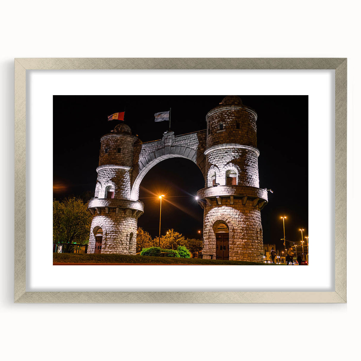 Textured abstract art print of a South American scenery in muted earth tones, framed in silver, ideal for bedroom art.