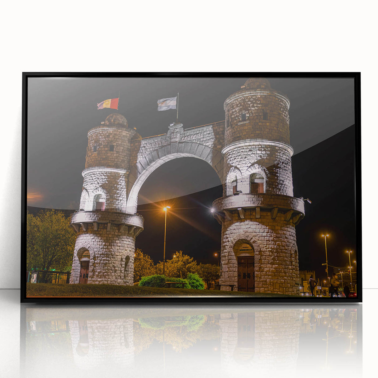 Large abstract wall art depicting a stylized Argentine landscape in earthy tones on a black framed acrylic print.
