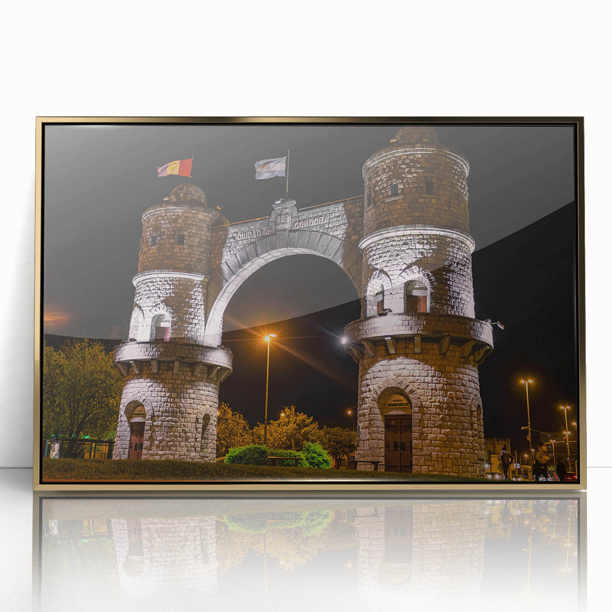 Acrylic print of a South American scenery in Argentina, featuring mid-century modernist style with golden frame.