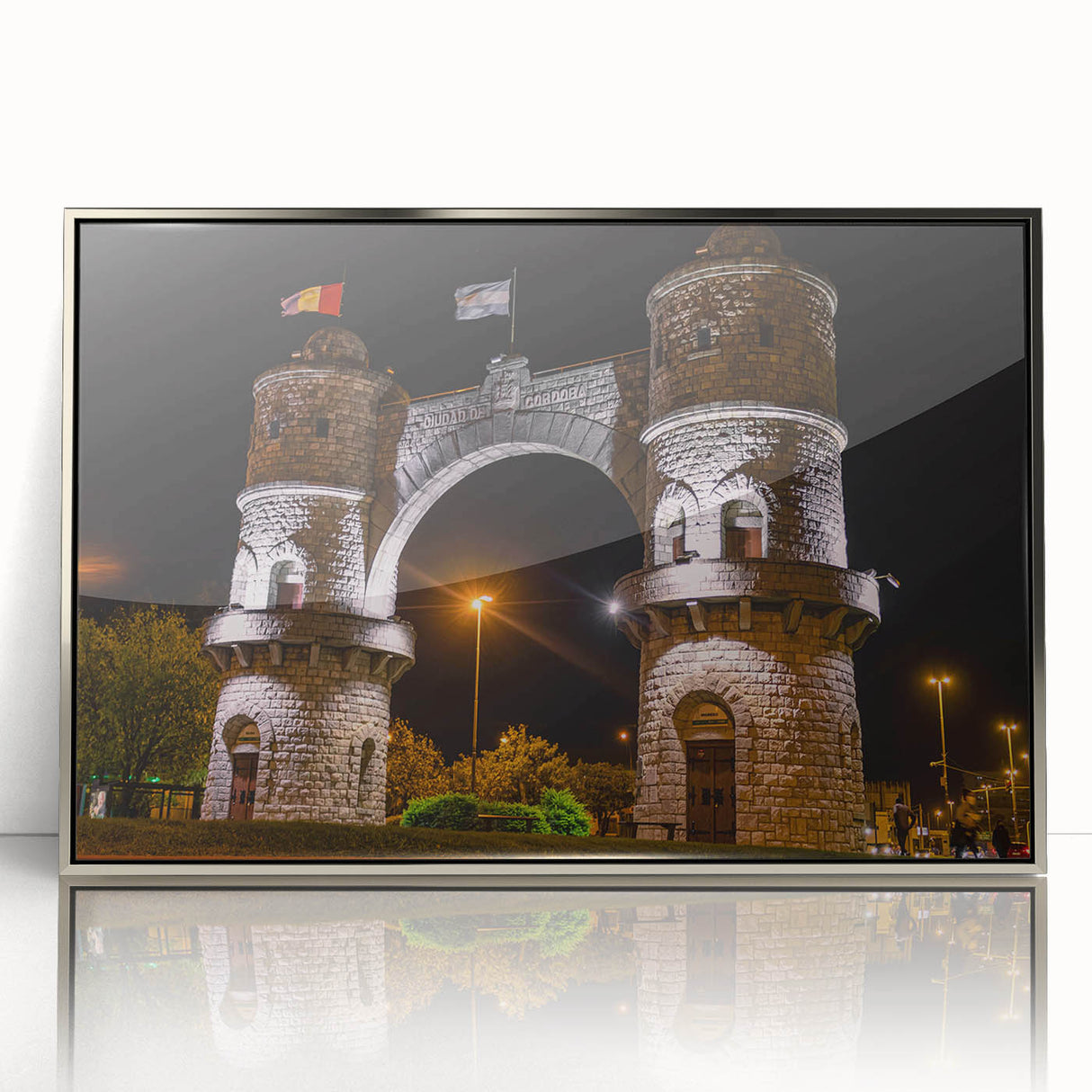 Mid-century modernist art depicting a scenic Argentinian landscape on silver-framed acrylic, in muted earth tones.