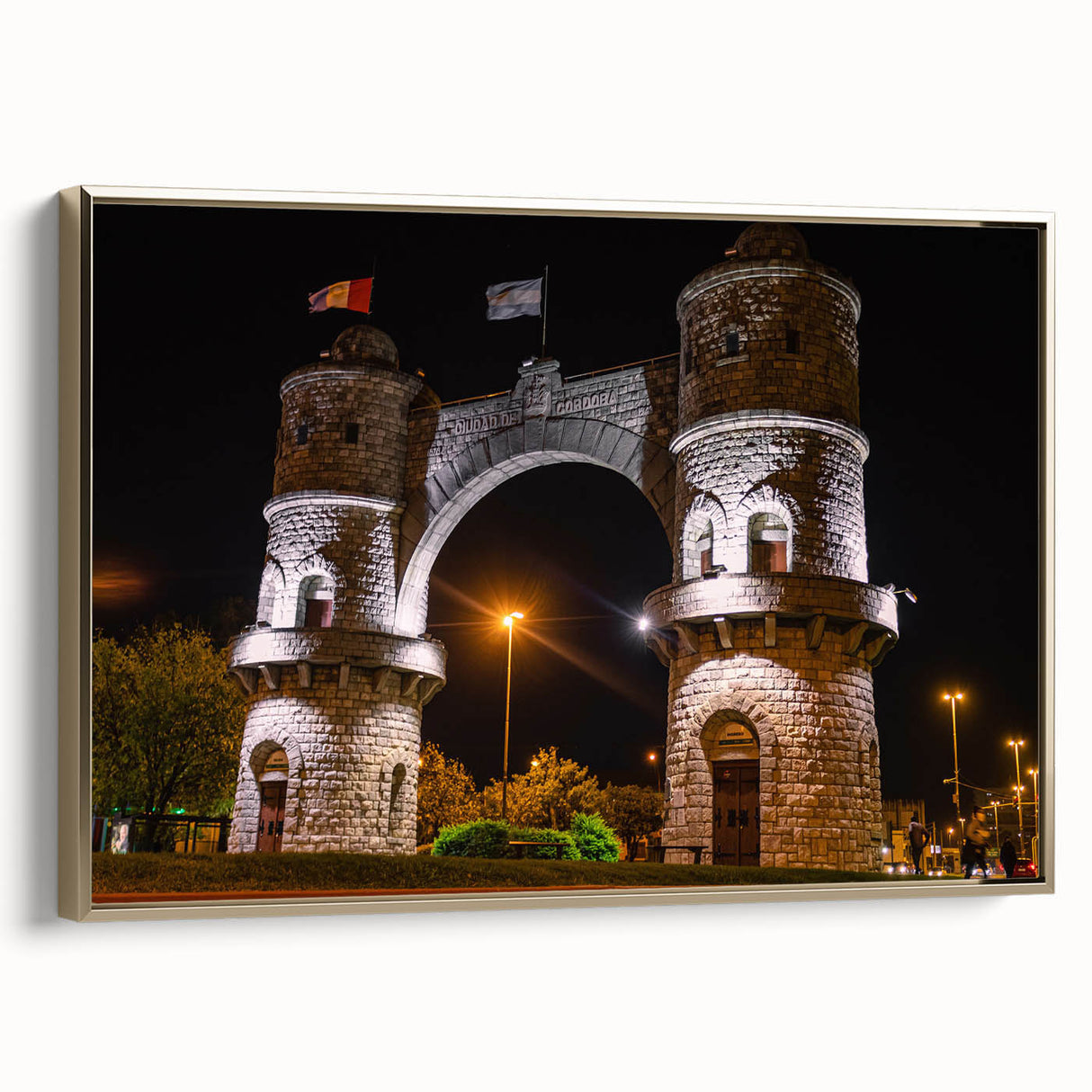 Framed canvas featuring a vintage-style landscape painting of an Argentinian scenery in muted gold and black tones.