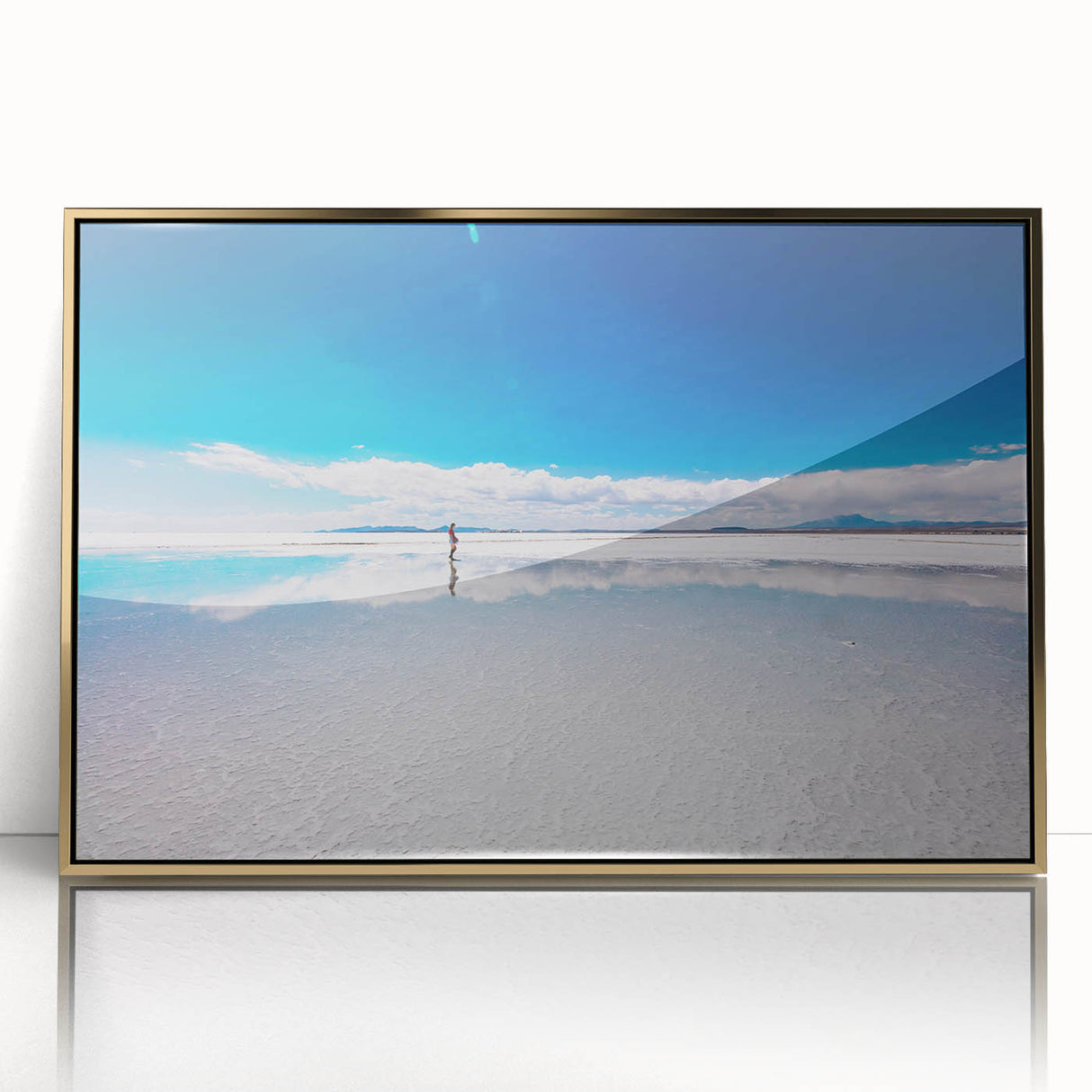 Framed acrylic print of a Bolivian landscape in mid-century modernist style, featuring earthy color tones.