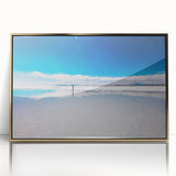 Framed acrylic print of a Bolivian landscape in mid-century modernist style, featuring earthy color tones.