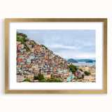 Extra large abstract art print of a Brazilian landscape in textured gold frame, ideal for living room decor.