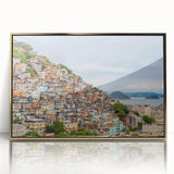 Acrylic print of a mid-century modernist Brazilian landscape, featuring muted earth tones, framed in gold.