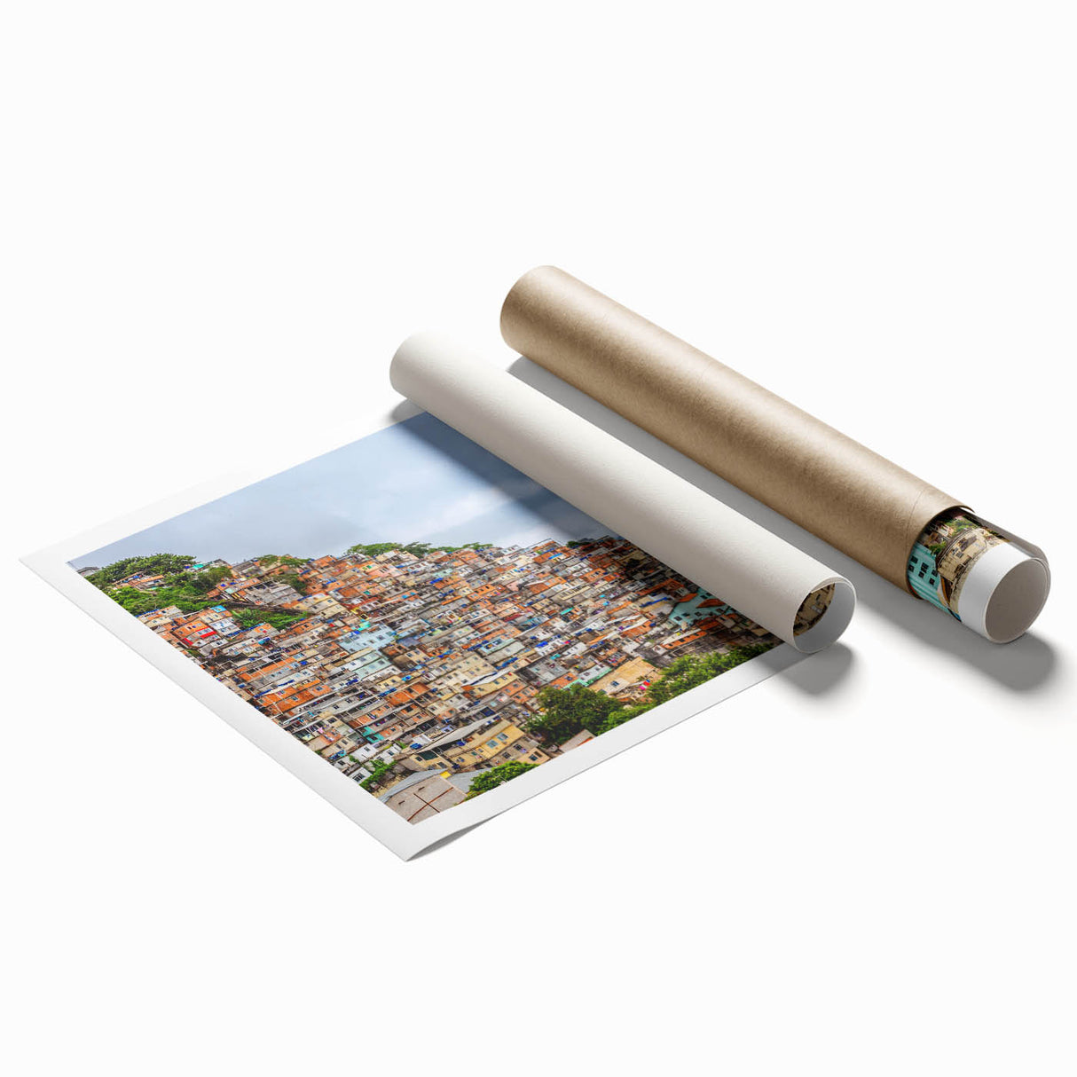 Rolled print of a Brazilian landscape with vivid green foliage and distant mountains.