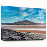 Large abstract wall art of Chilean landscape in muted earth tones on acrylic glass, ideal for bedroom or dining room decor.