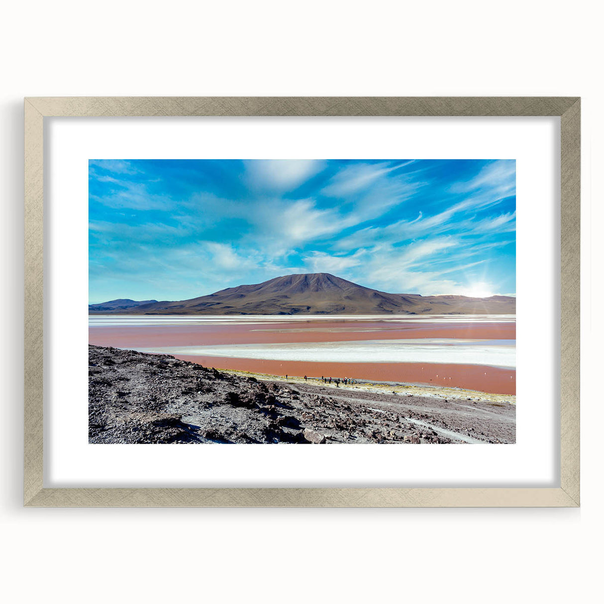 Textured abstract art print depicting a Chilean landscape in earthy tones, framed in silver, ideal for bedroom art.