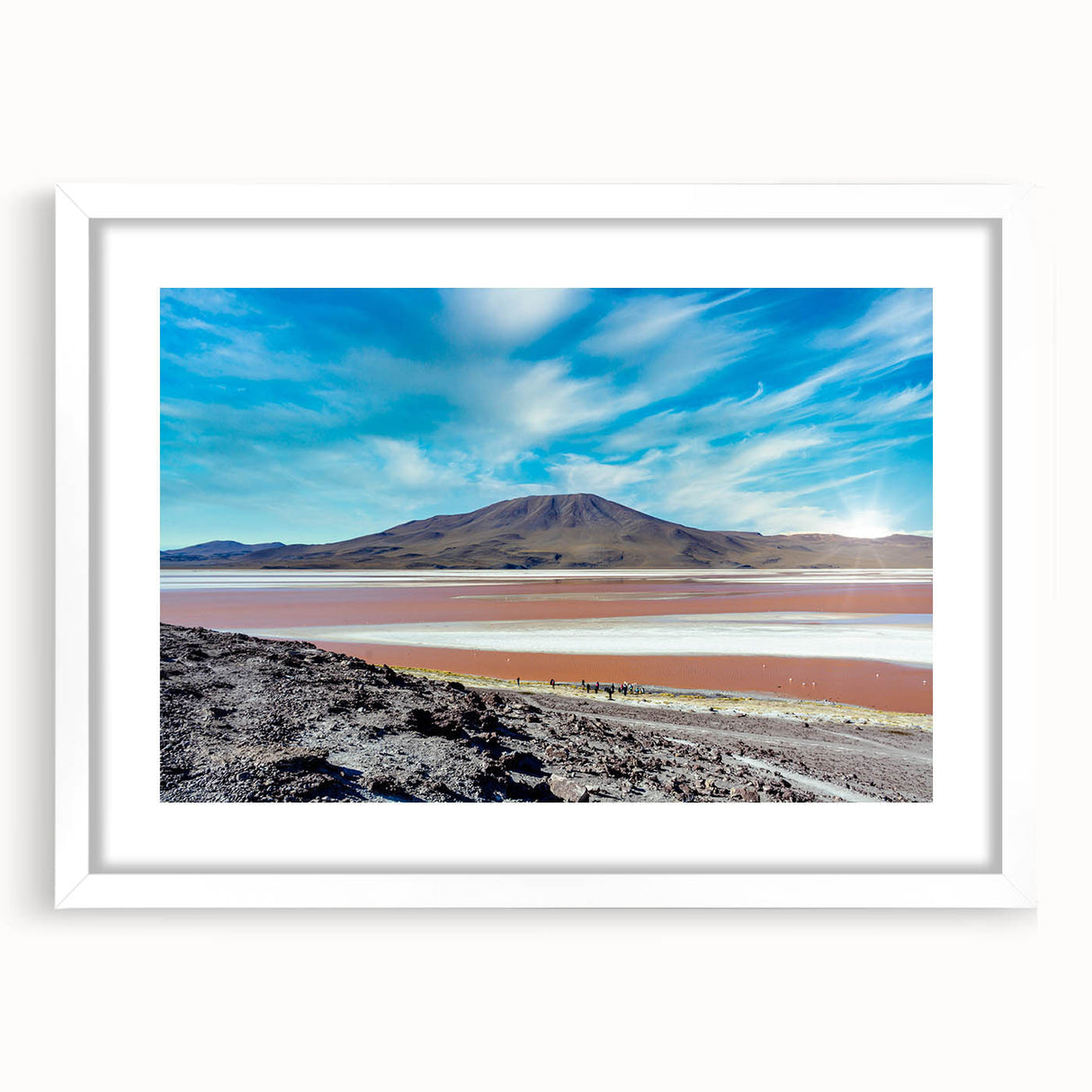 Abstract art print of a Chilean landscape in muted earth tones on a framed white mat, ideal for dining room decor.