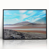 Large abstract wall art depicting a stylized South American Chilean landscape in earth tones, framed in black acrylic.