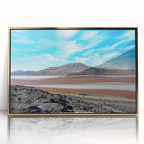 Framed acrylic print of a mid-century modernist Chilean landscape in muted earth tones, ideal for modern art wall decor.