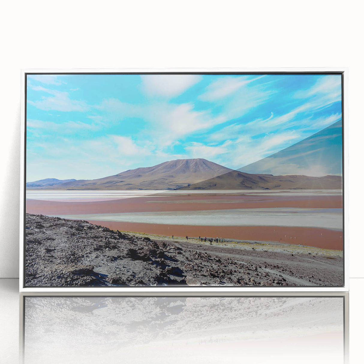 Acrylic print of Chilean landscape in art deco style, with earthy tones, framed in white, suitable for modern art wall decor.