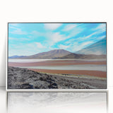 Acrylic print of Chilean landscape in art deco style, with earthy tones, framed in white, suitable for modern art wall decor.
