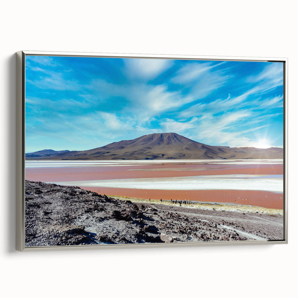 Landscape art painting of a Chilean scenery on a framed canvas, featuring vibrant colors with a vintage poster style.