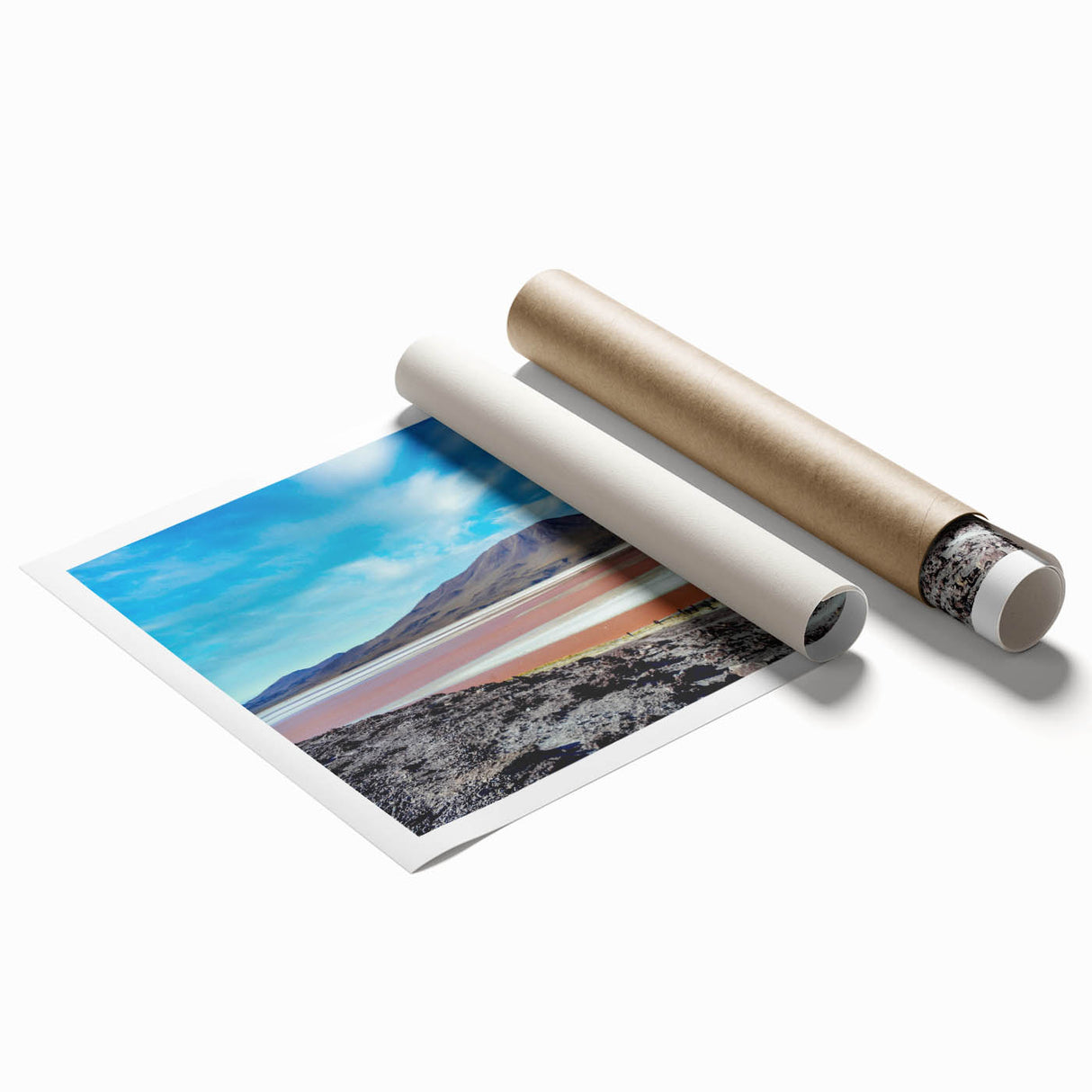 Extra large rolled print featuring a serene Chilean landscape with soft floral elements in muted earth tones.