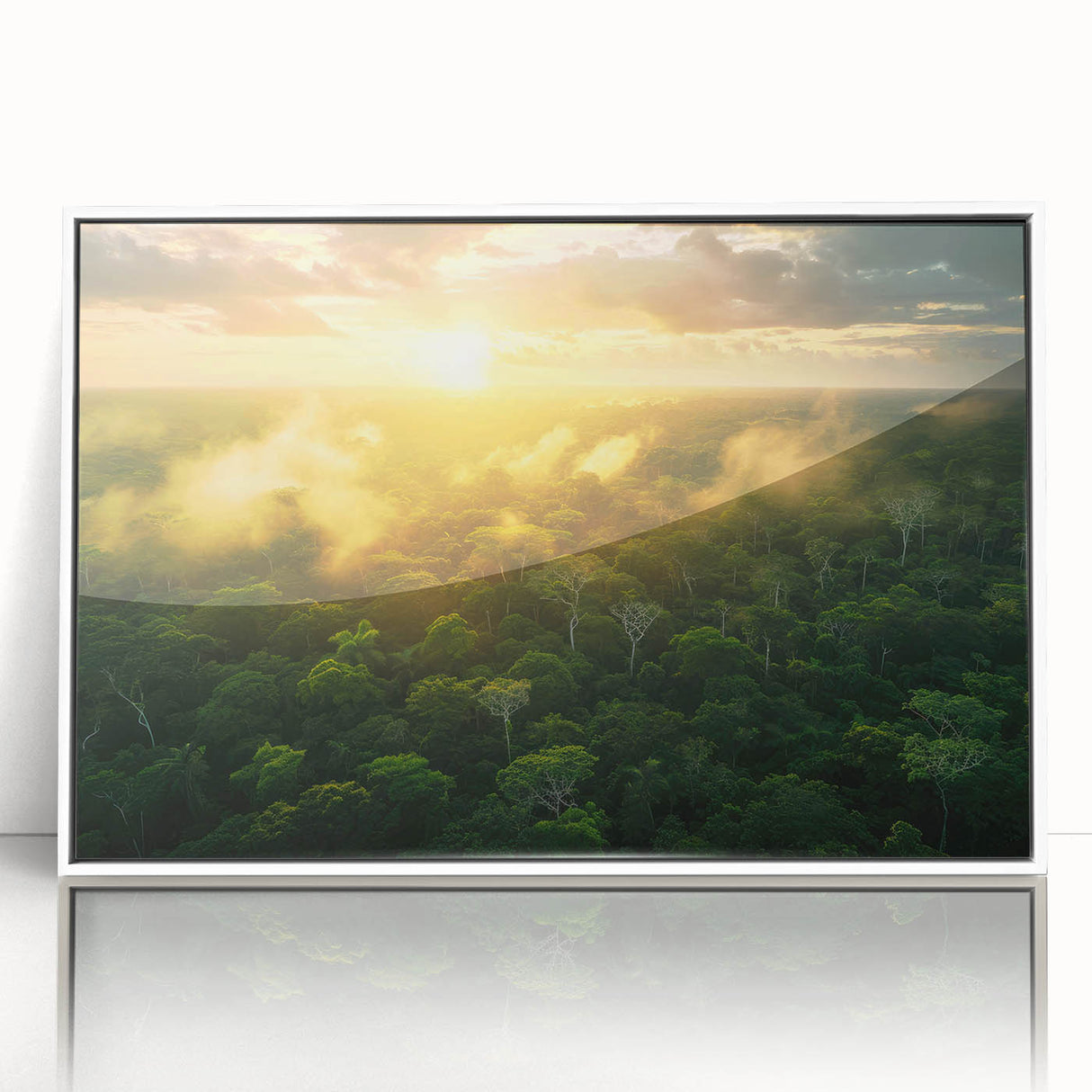 Acrylic print of a Colombian landscape in art deco style, with muted green and earth tones, ideal for modern art wall decor.