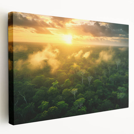 A stretched canvas depicting a scenic Colombian landscape in vibrant green and blue tones, suitable for kitchen wall art.