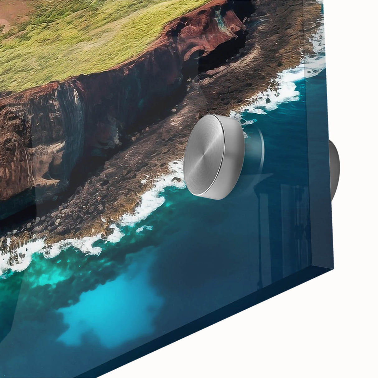 Large abstract wall art of Galapagos scenery in muted tones on acrylic glass, suitable for dining room ambiance.