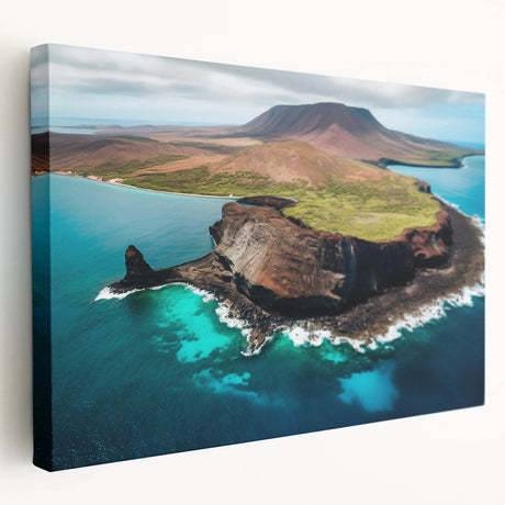 Large canvas print of the Galapagos scenery in Ecuador, featuring vivid blue and green tones, suitable for kitchen wall art.