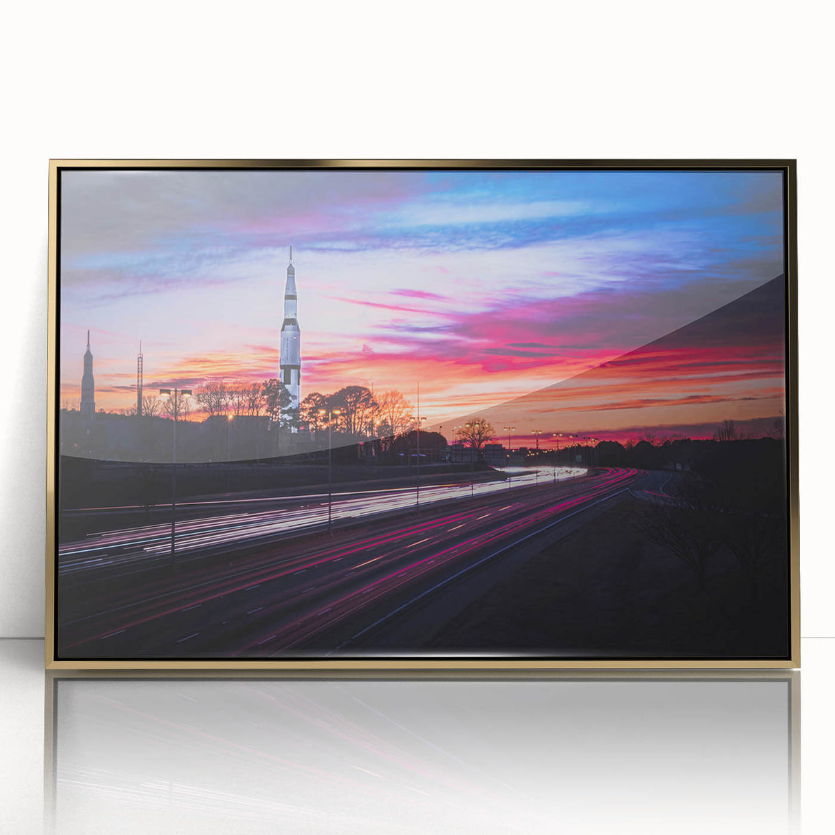 Mid-century modernist art of Alabama scenery in gold and green tones on a framed acrylic, suitable for nursery wall art.