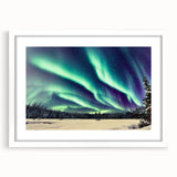 Abstract art print depicting a serene Alaskan landscape in muted blue and white tones, framed with a white mat.