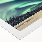 Art deco poster featuring a serene Alaskan landscape in muted blue and green tones, printed on rolled canvas.