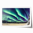 Scenic Alaskan landscape with vibrant green and blue tones on a rolled canvas, ideal for dining room wall art.