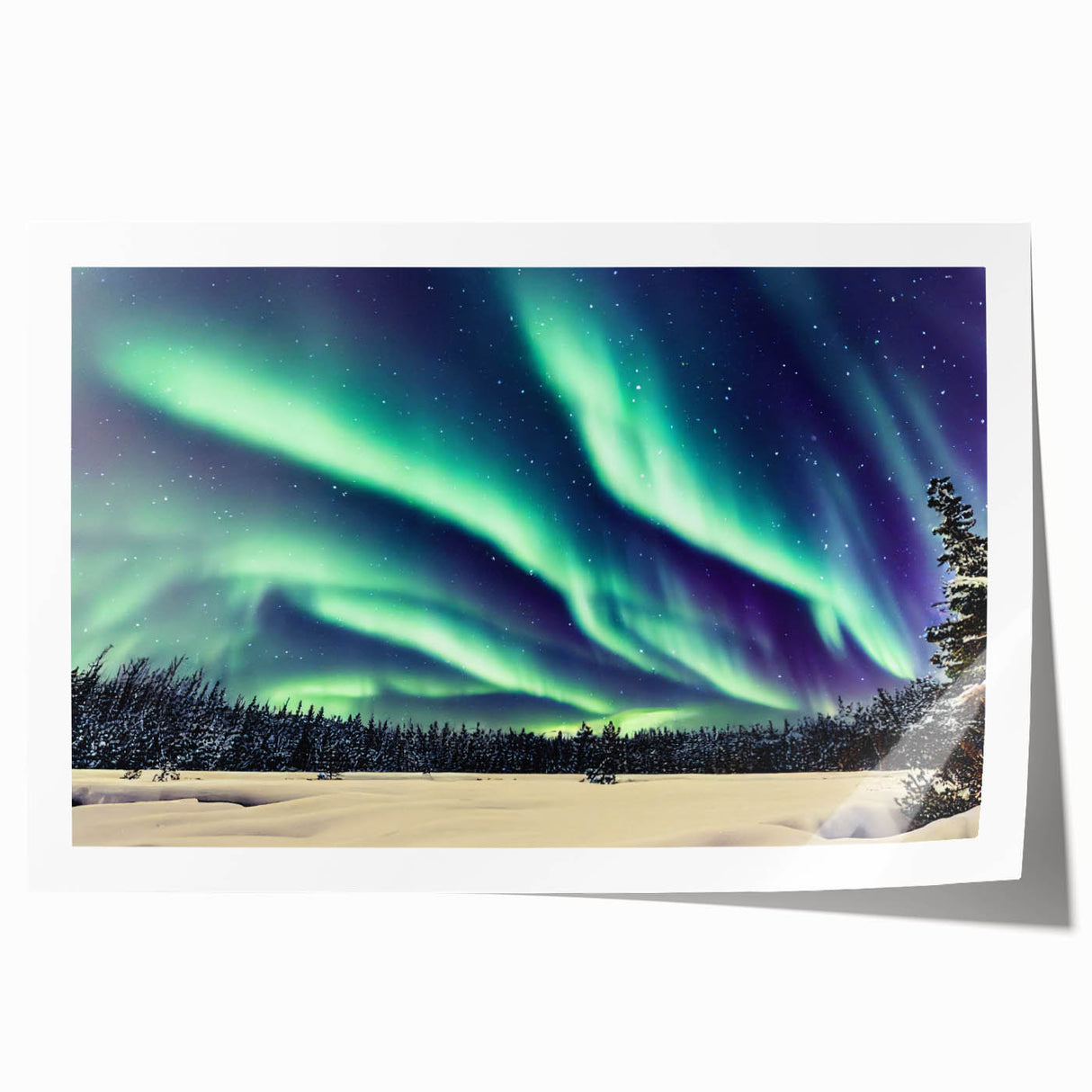 Scenic Alaskan landscape with vibrant green and blue tones on a rolled canvas, ideal for dining room wall art.