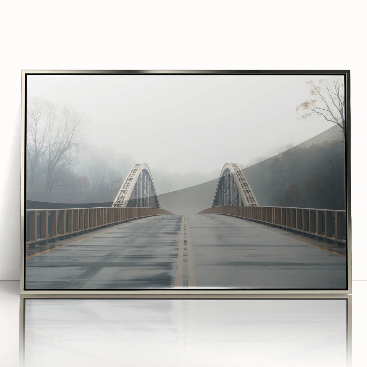 Mid-century modernist art depicting an Arkansas landscape in subdued earth tones, acrylic framed print.