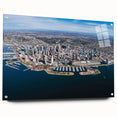 Large abstract depiction of San Diego skyline in muted blue and gray tones on acrylic glass.