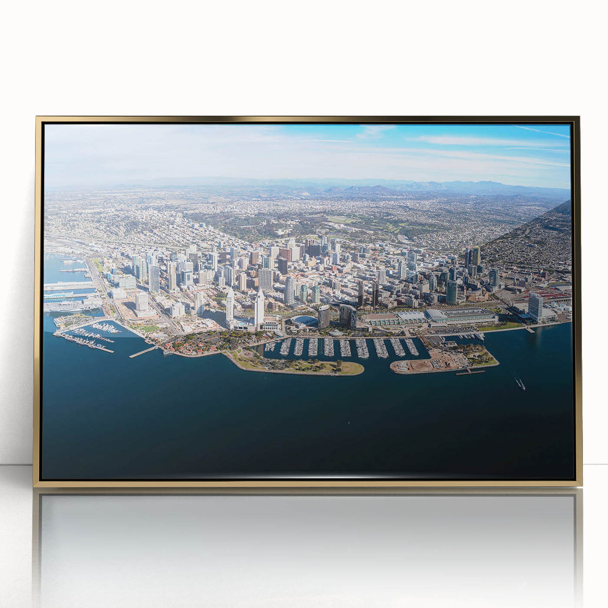 Acrylic print of San Diego scenery in gold frame, featuring mid-century modernist style, suitable for modern art wall decor.