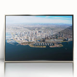 Mid-century modernist art depicting San Diego skyline in muted blue and gray tones on a framed acrylic print.