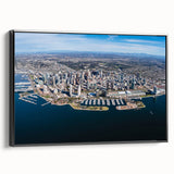 Black and white framed canvas of San Diego landscape, ideal for bedroom wall decor.