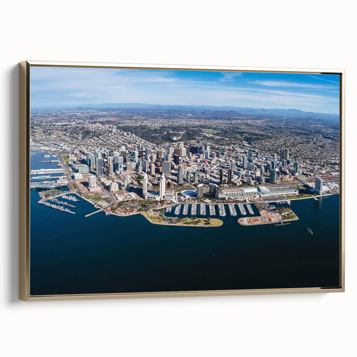 Framed canvas wall art featuring a vintage-style landscape painting of San Diego, with black and gold tones.