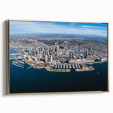 Framed canvas wall art featuring a vintage-style landscape painting of San Diego, with black and gold tones.