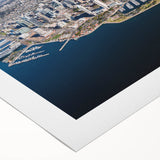 Art deco poster of San Diego skyline in muted blue tones on rolled canvas, ideal for dining room wall art.