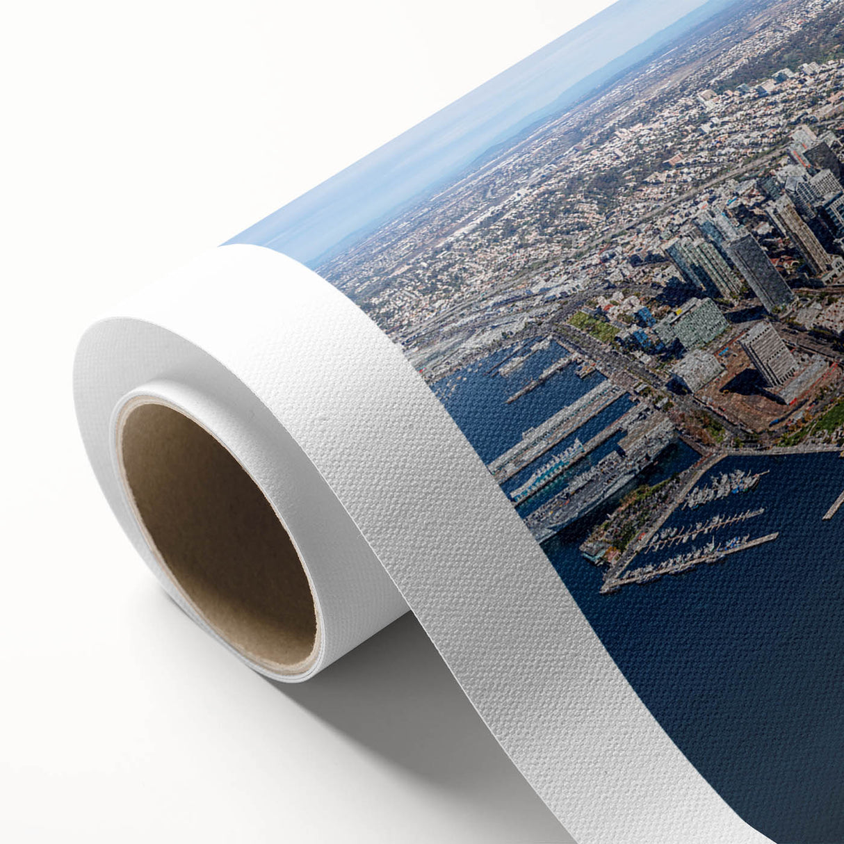 Art Deco style poster of San Diego skyline in pastel blue and pink, ideal for nursery wall art on rolled canvas.
