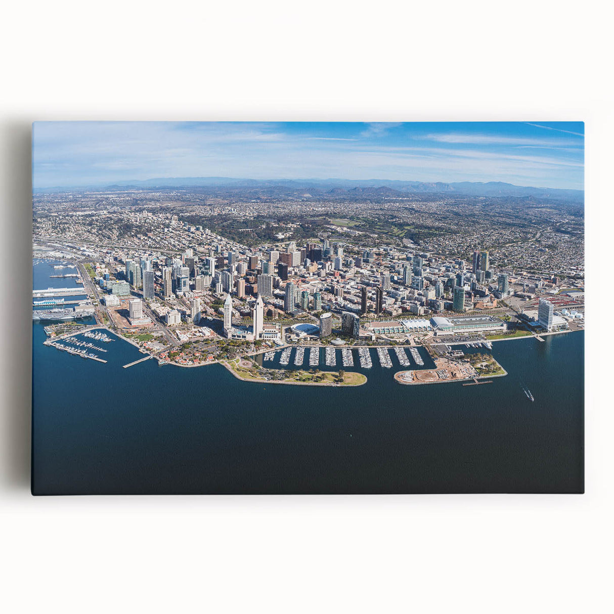 Black and white stretched canvas of the San Diego skyline, ideal for kitchen wall art.