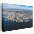 San Diego skyline depicted in vibrant sunset hues on a large stretched canvas, suitable for kitchen wall art.