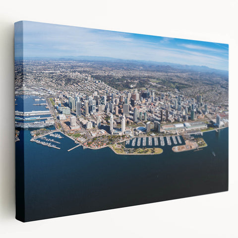 San Diego skyline depicted in vibrant sunset hues on a large stretched canvas, suitable for kitchen wall art.