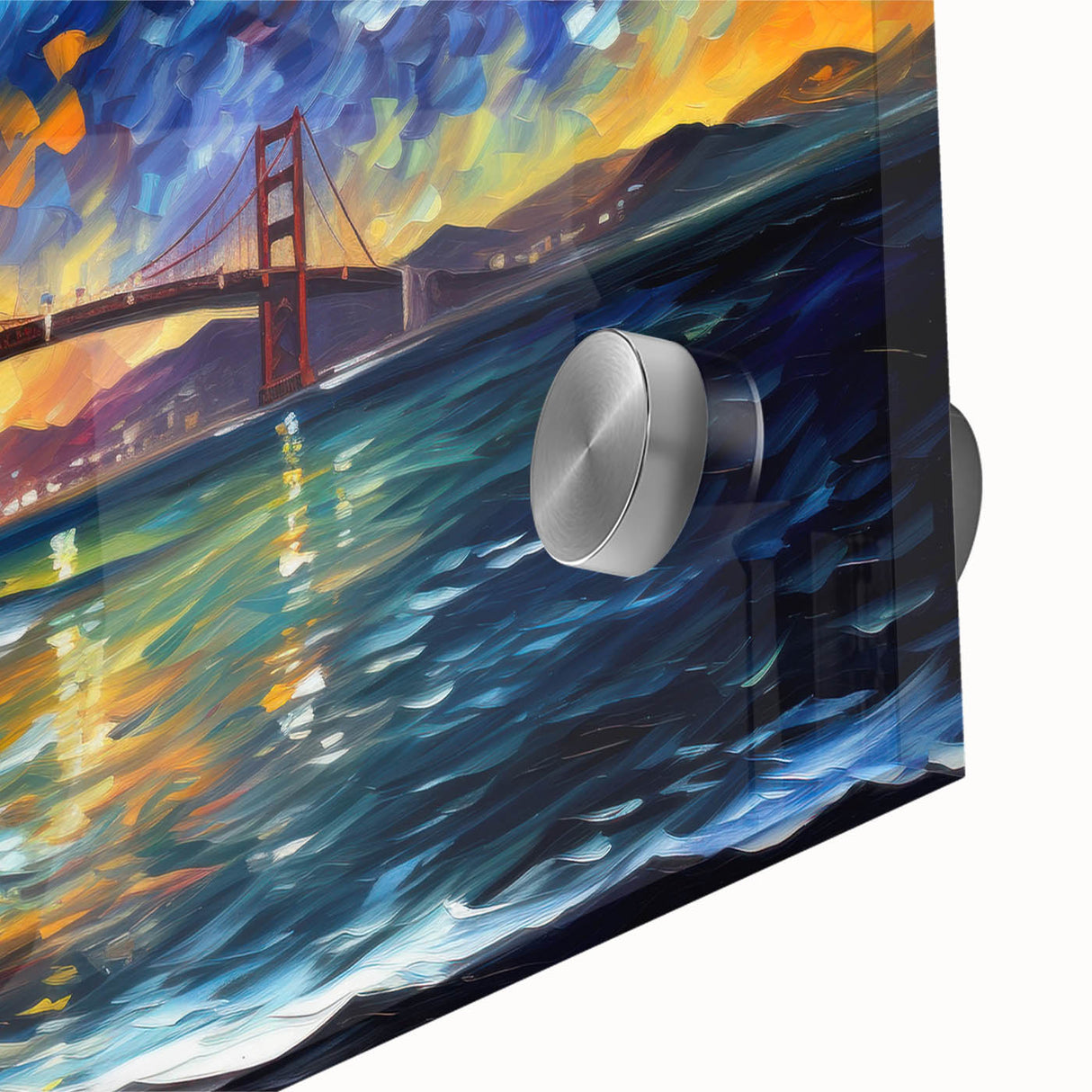 Large abstract depiction of San Francisco in muted earth tones on acrylic glass, ideal for dining room art.