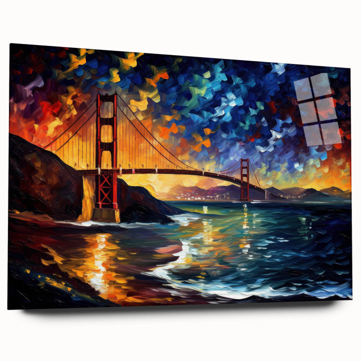 Large abstract depiction of San Francisco skyline in muted blues and grays on acrylic glass.