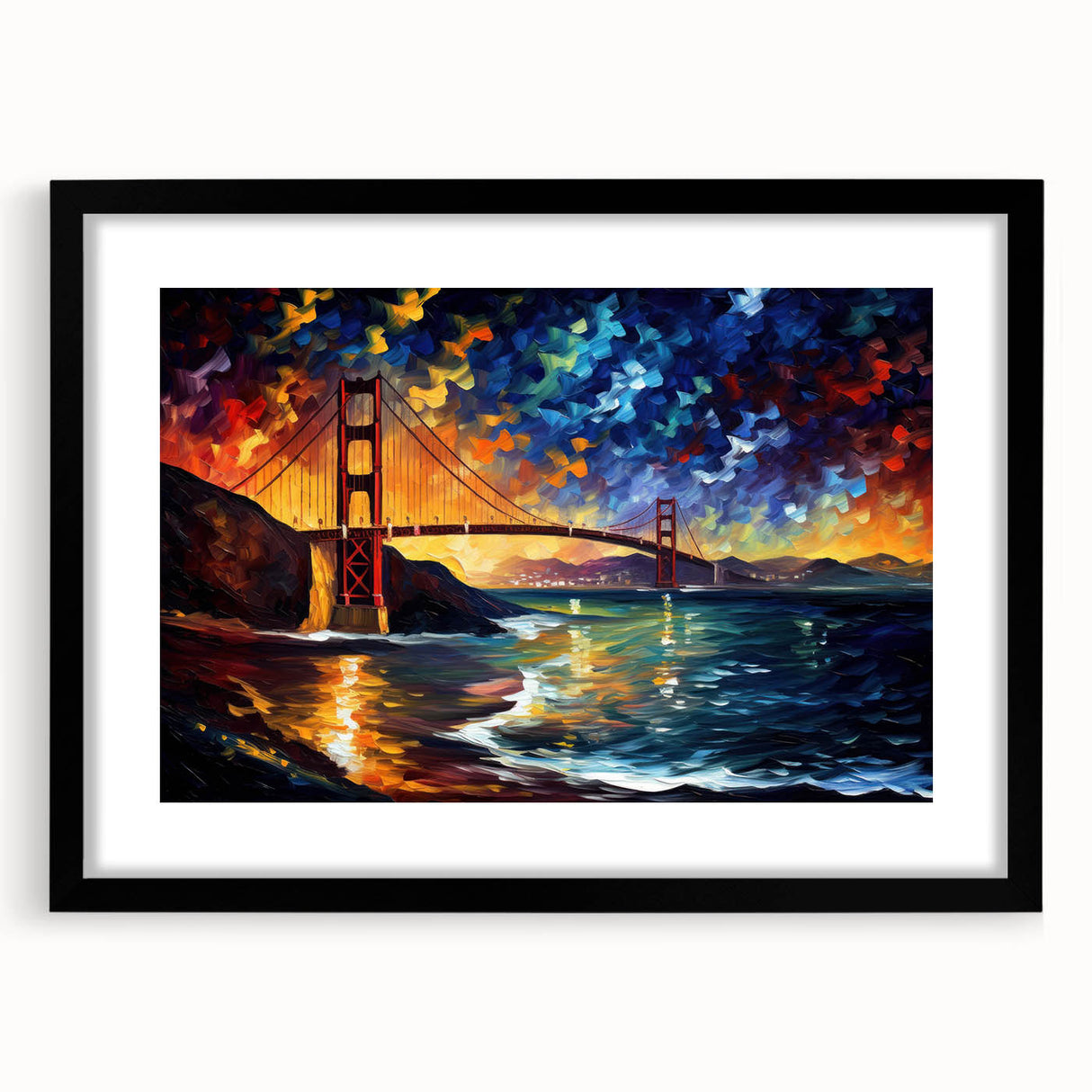 Extra large framed wall art of an abstract San Francisco scene in vibrant, textured colors, ideal for living room decor.