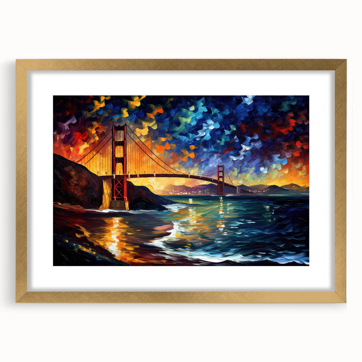 Extra large abstract art print of San Francisco, featuring textured golden hues on a framed canvas.