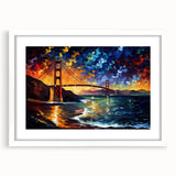 Abstract art print of San Francisco skyline in muted gray and blue tones on a white framed canvas.